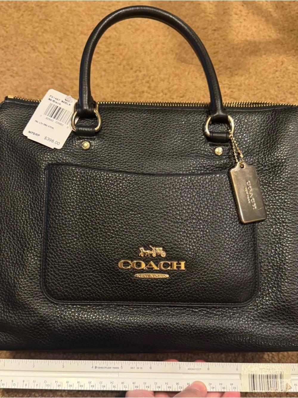 Brand New Coach Black Pebbled Leather Satchel with Gold Hardware